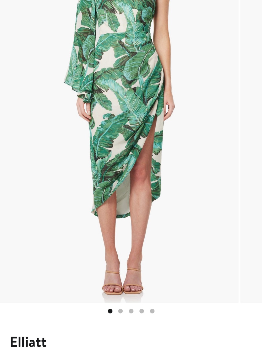 Elliatt Green and Cream Tropical Leaf One-Shoulder Dress